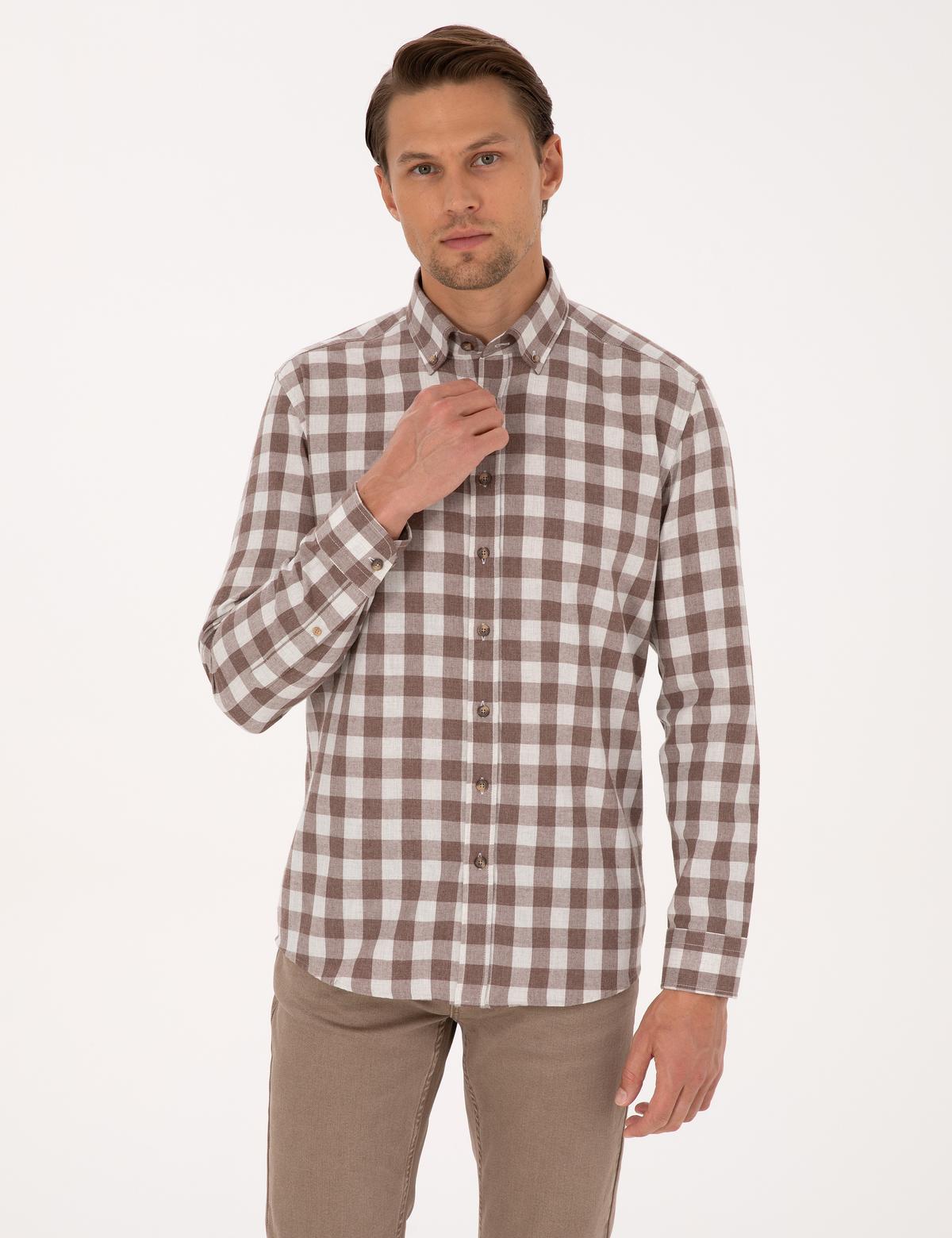 Kahverengi Kareli Regular Fit Uzun Kollu Gömlek