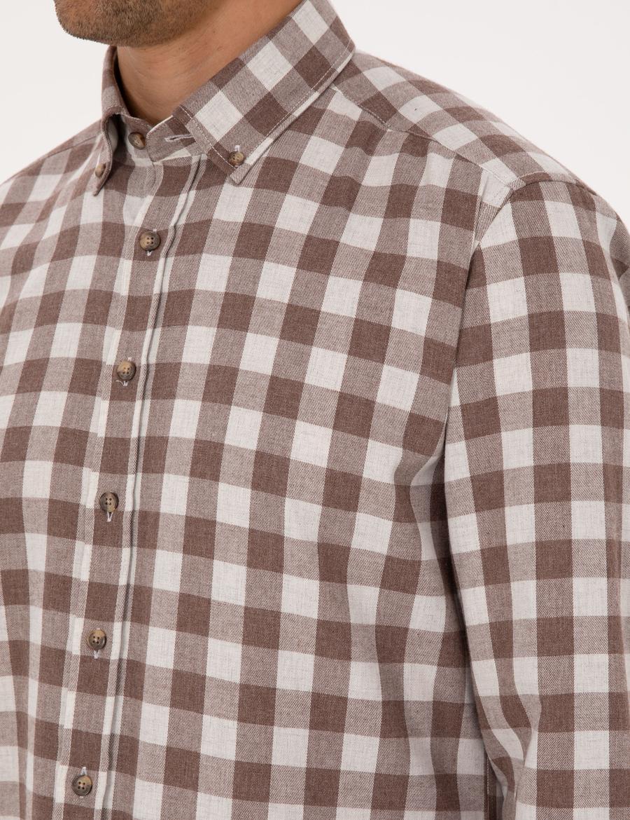 Kahverengi Kareli Regular Fit Uzun Kollu Gömlek