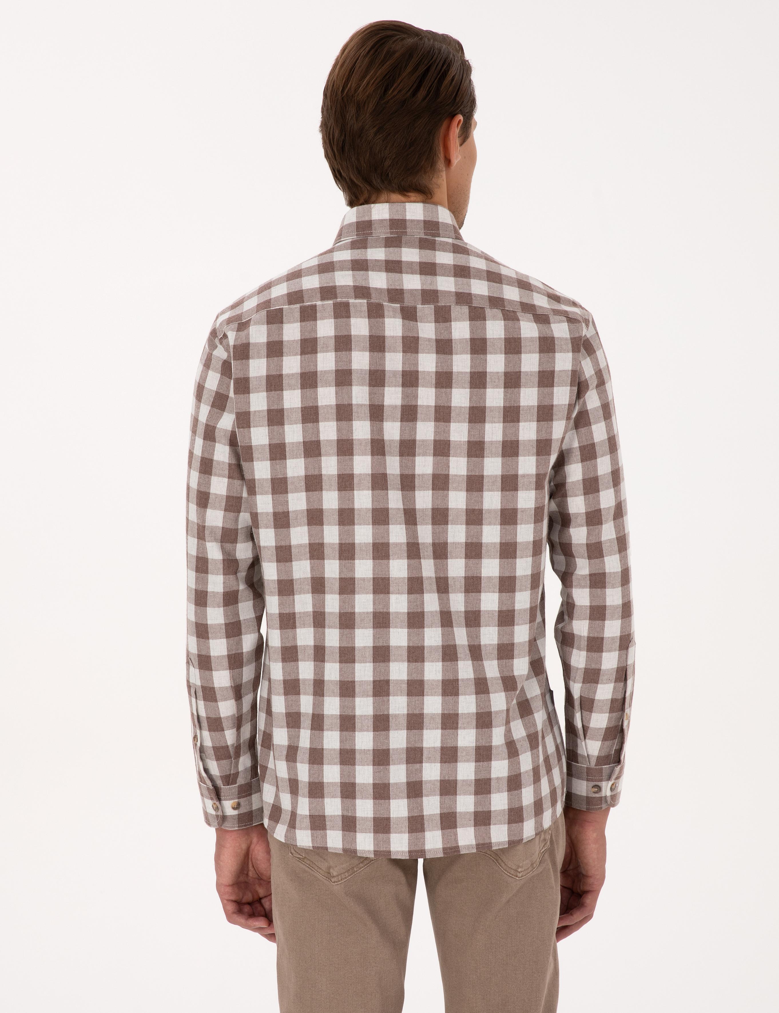 Kahverengi Kareli Regular Fit Uzun Kollu Gömlek