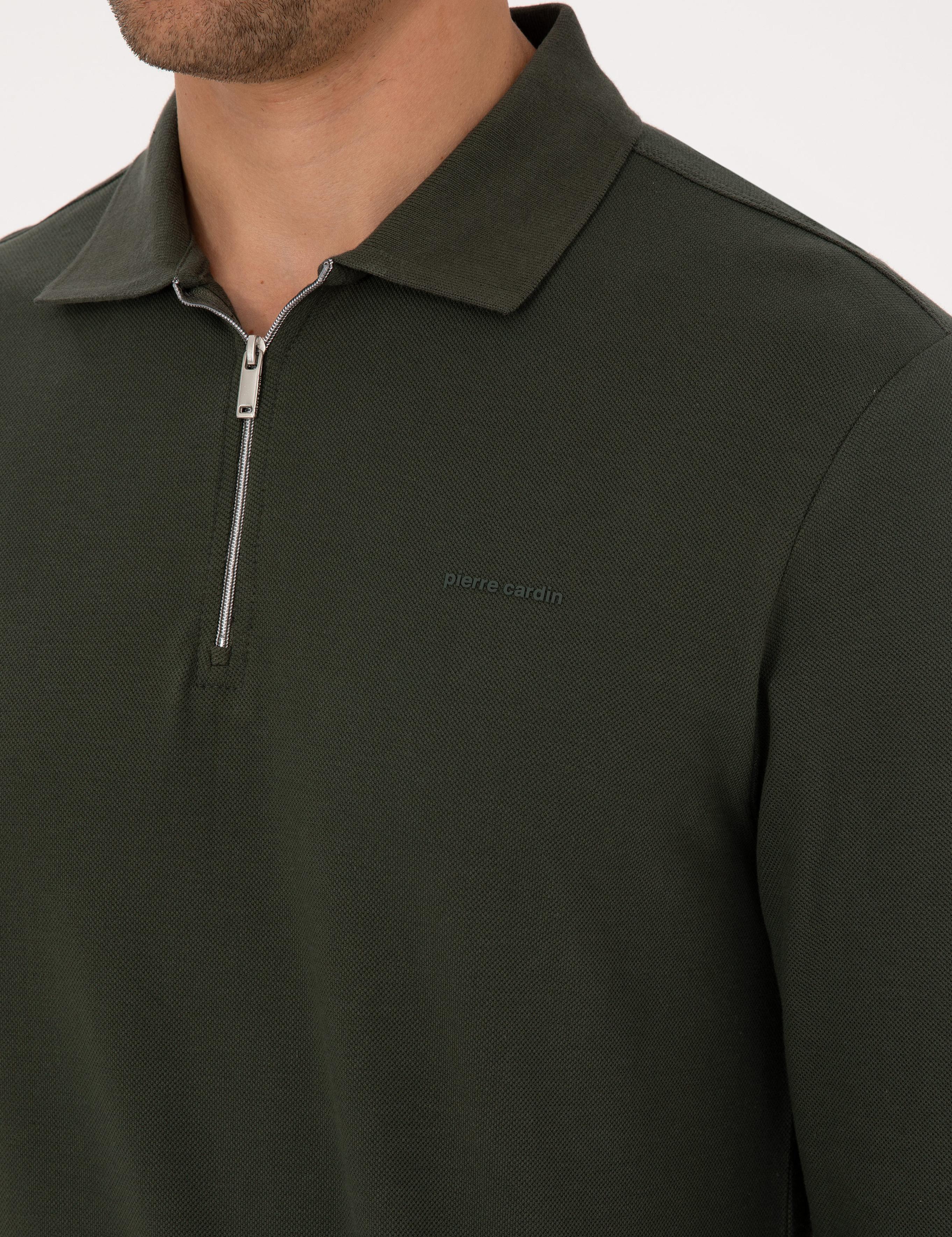 Koyu Yeşil Slim Fit Kıvrılmaz Fermuarlı Polo Yaka Basic Pike Sweatshirt