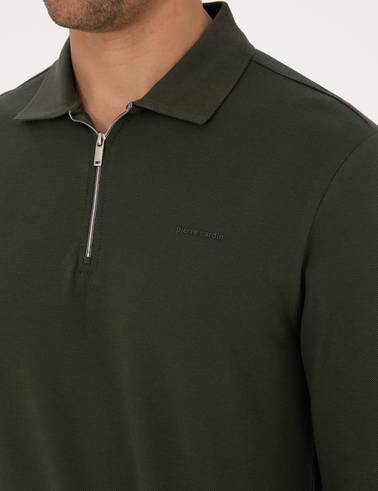 Koyu Yeşil Slim Fit Kıvrılmaz Fermuarlı Polo Yaka Basic Pike Sweatshirt