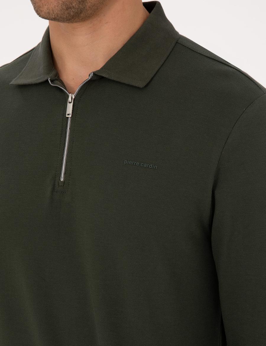 Koyu Yeşil Slim Fit Kıvrılmaz Fermuarlı Polo Yaka Basic Pike Sweatshirt