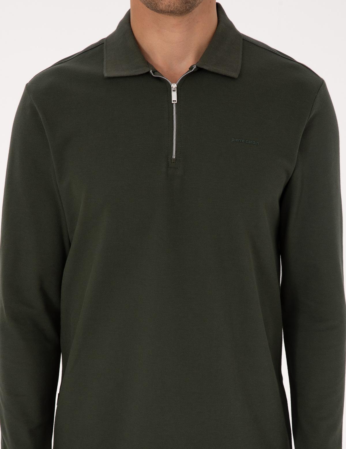 Koyu Yeşil Slim Fit Kıvrılmaz Fermuarlı Polo Yaka Basic Pike Sweatshirt - 50314046037
