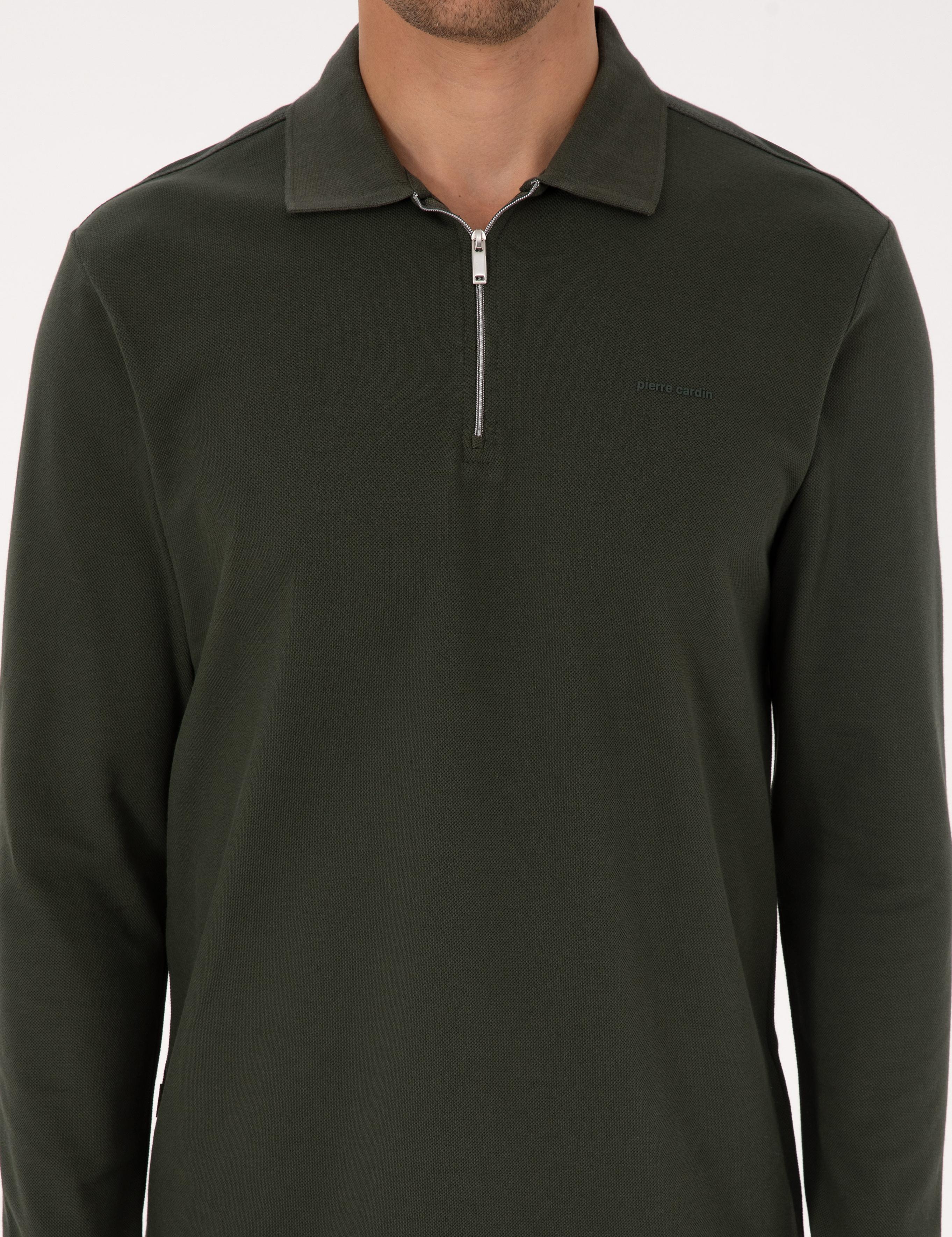 Koyu Yeşil Slim Fit Kıvrılmaz Fermuarlı Polo Yaka Basic Pike Sweatshirt