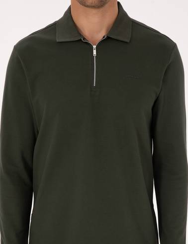Koyu Yeşil Slim Fit Kıvrılmaz Fermuarlı Polo Yaka Basic Pike Sweatshirt