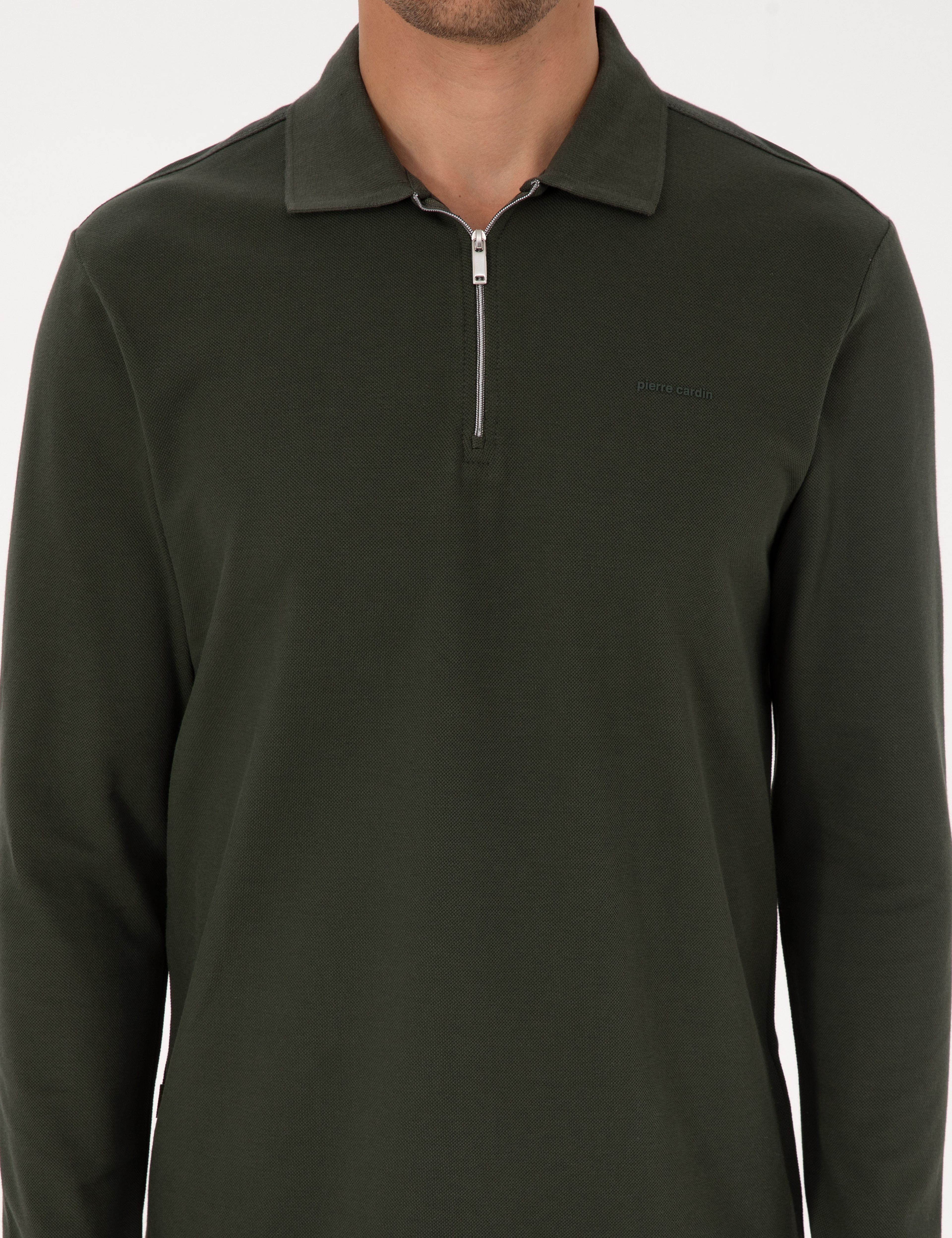 Koyu Yeşil Slim Fit Kıvrılmaz Fermuarlı Polo Yaka Basic Pike Sweatshirt