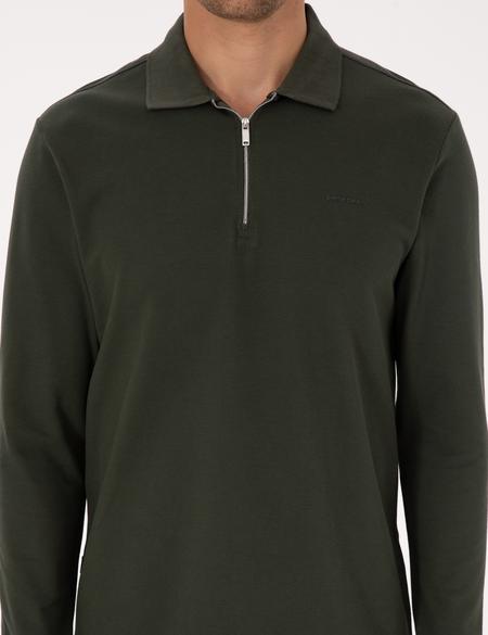 Koyu Yeşil Slim Fit Kıvrılmaz Fermuarlı Polo Yaka Basic Pike Sweatshirt - 50314046037