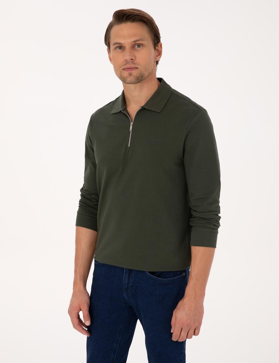 Koyu Yeşil Slim Fit Kıvrılmaz Fermuarlı Polo Yaka Basic Pike Sweatshirt