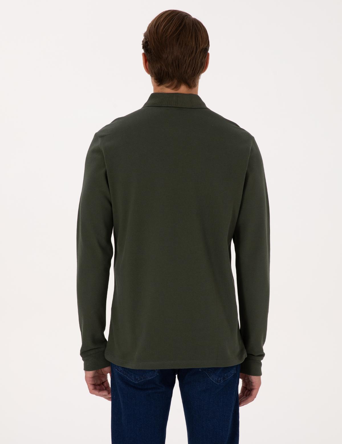 Koyu Yeşil Slim Fit Kıvrılmaz Fermuarlı Polo Yaka Basic Pike Sweatshirt - 50314046037