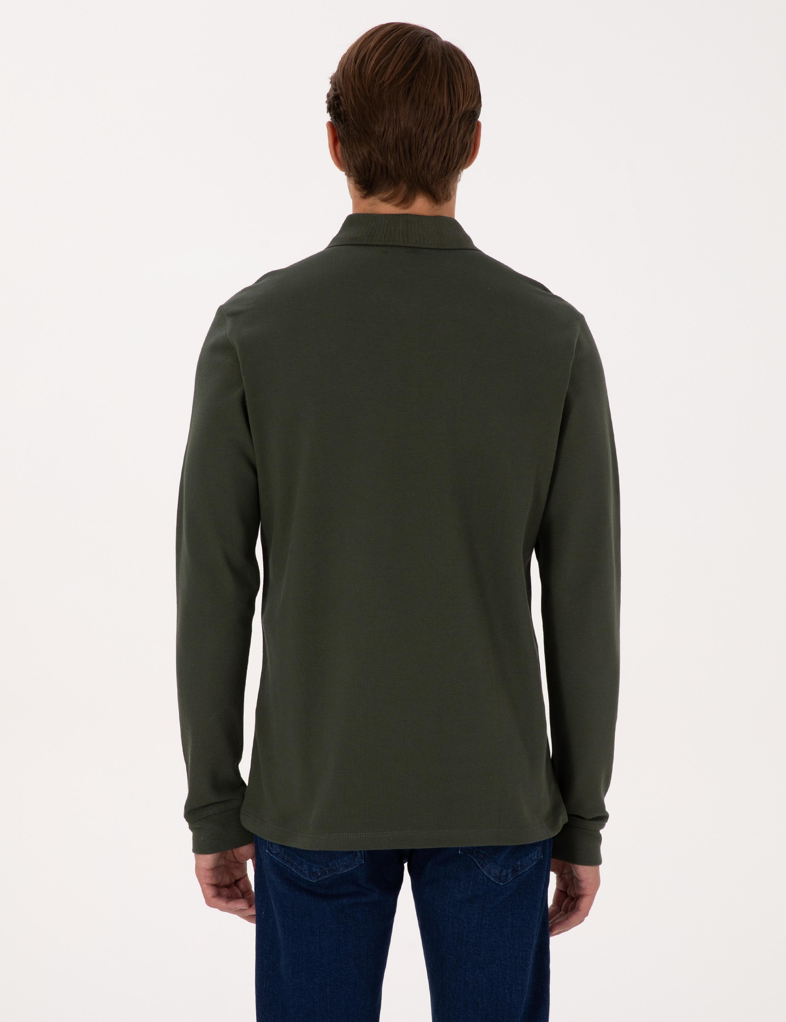 Koyu Yeşil Slim Fit Kıvrılmaz Fermuarlı Polo Yaka Basic Pike Sweatshirt