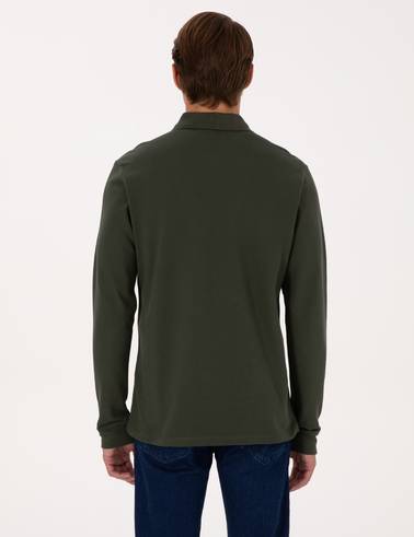 Koyu Yeşil Slim Fit Kıvrılmaz Fermuarlı Polo Yaka Basic Pike Sweatshirt
