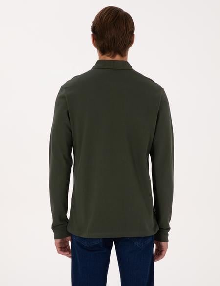 Koyu Yeşil Slim Fit Kıvrılmaz Fermuarlı Polo Yaka Basic Pike Sweatshirt - 50314046037