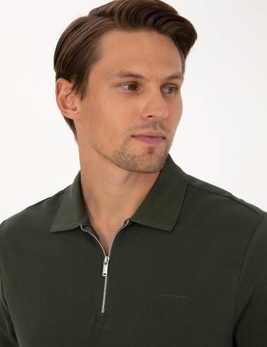 Koyu Yeşil Slim Fit Kıvrılmaz Fermuarlı Polo Yaka Basic Pike Sweatshirt