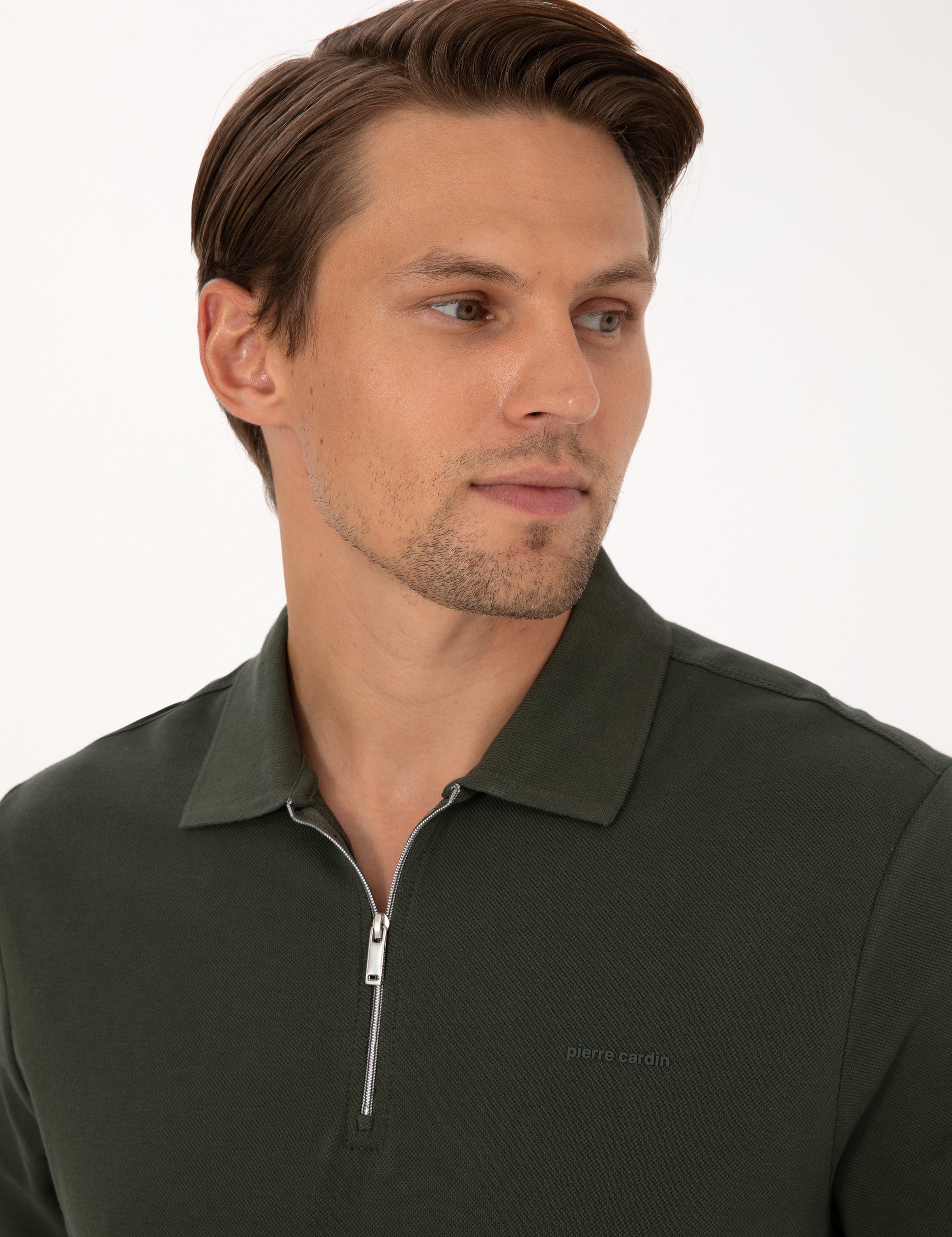 Koyu Yeşil Slim Fit Kıvrılmaz Fermuarlı Polo Yaka Basic Pike Sweatshirt - Image 2
