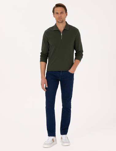 Koyu Yeşil Slim Fit Kıvrılmaz Fermuarlı Polo Yaka Basic Pike Sweatshirt