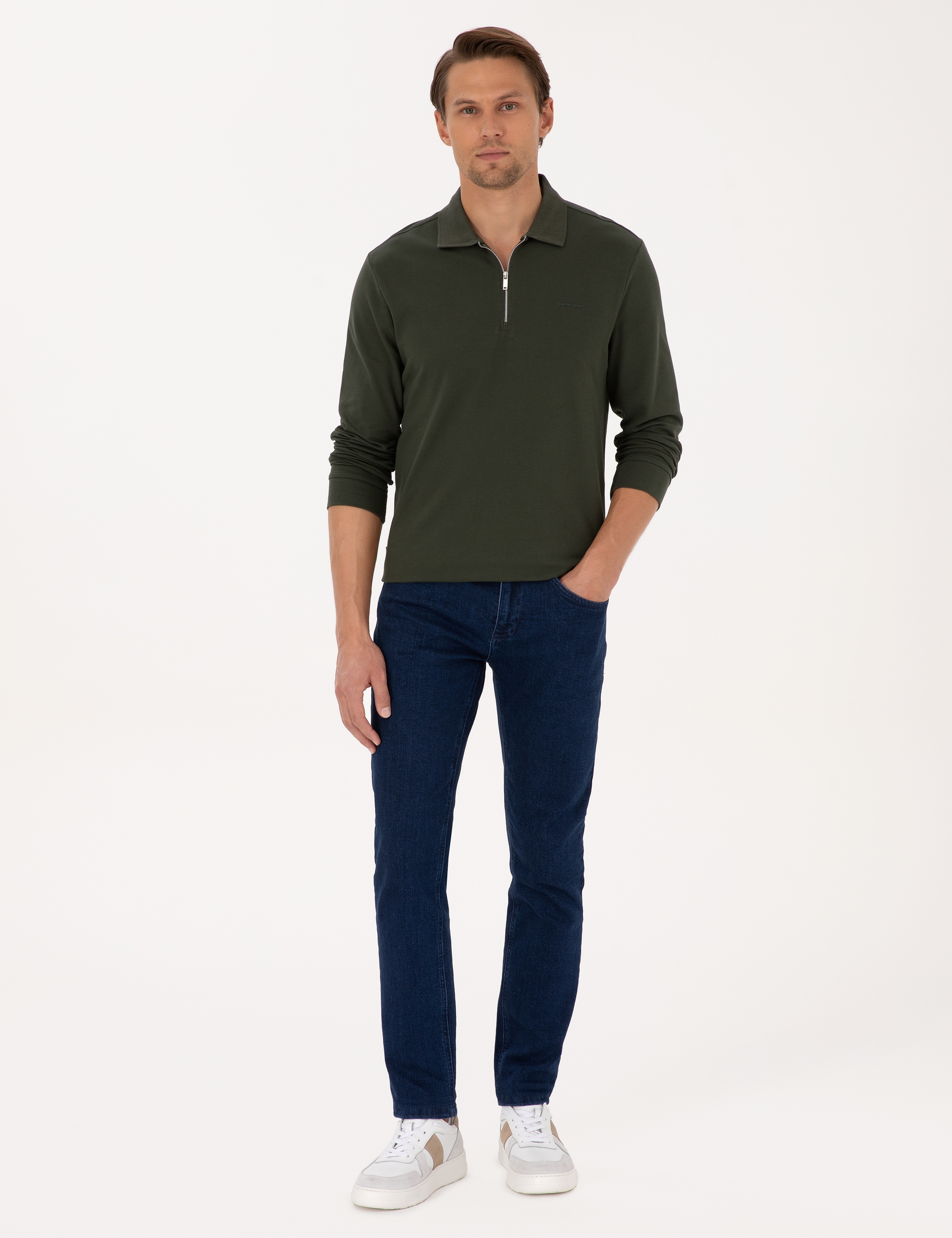 Koyu Yeşil Slim Fit Kıvrılmaz Fermuarlı Polo Yaka Basic Pike Sweatshirt