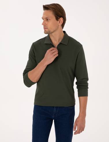 Koyu Yeşil Slim Fit Kıvrılmaz Fermuarlı Polo Yaka Basic Pike Sweatshirt