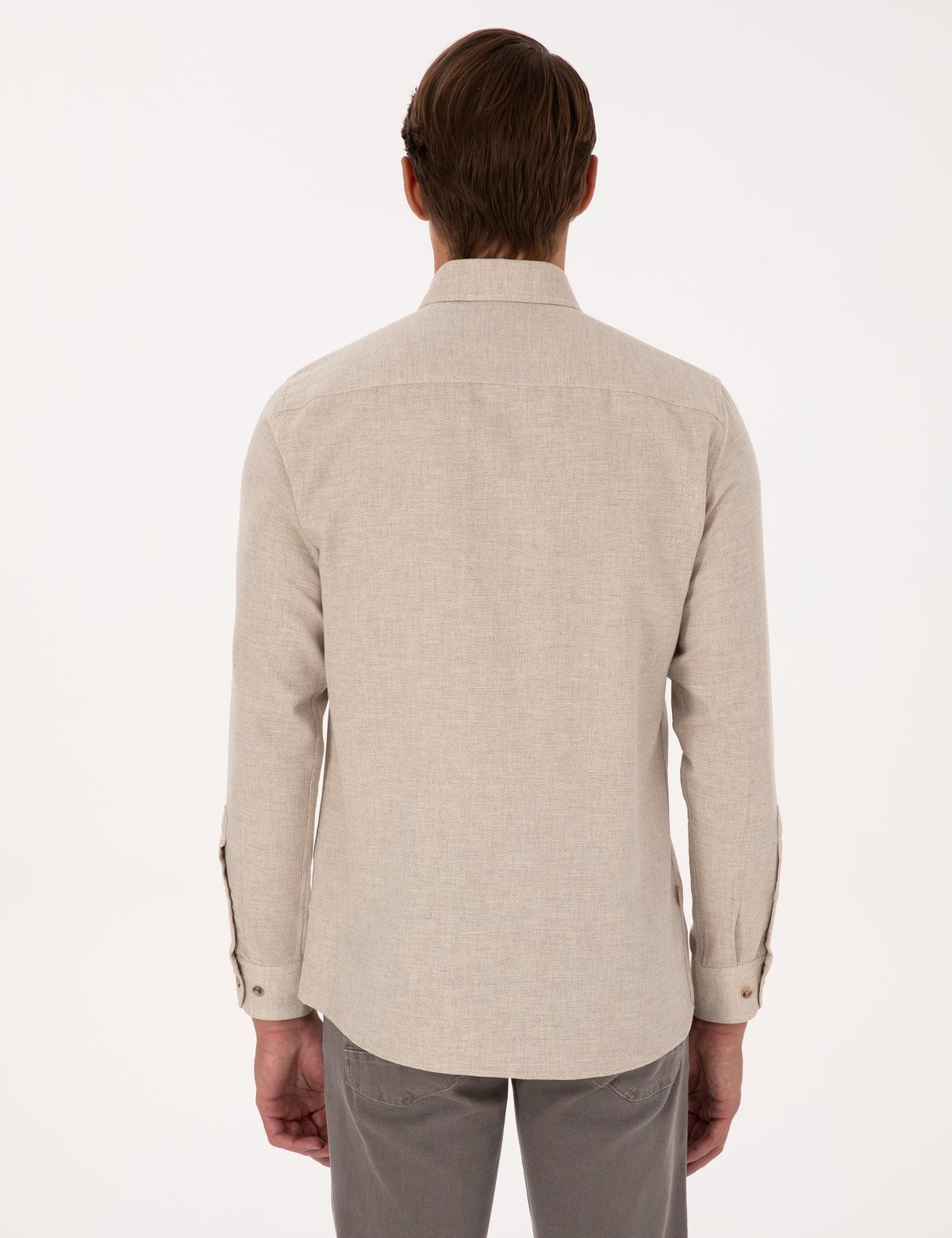 Bej Slim Fit Dokulu Uzun Kollu Gömlek - 50316768008