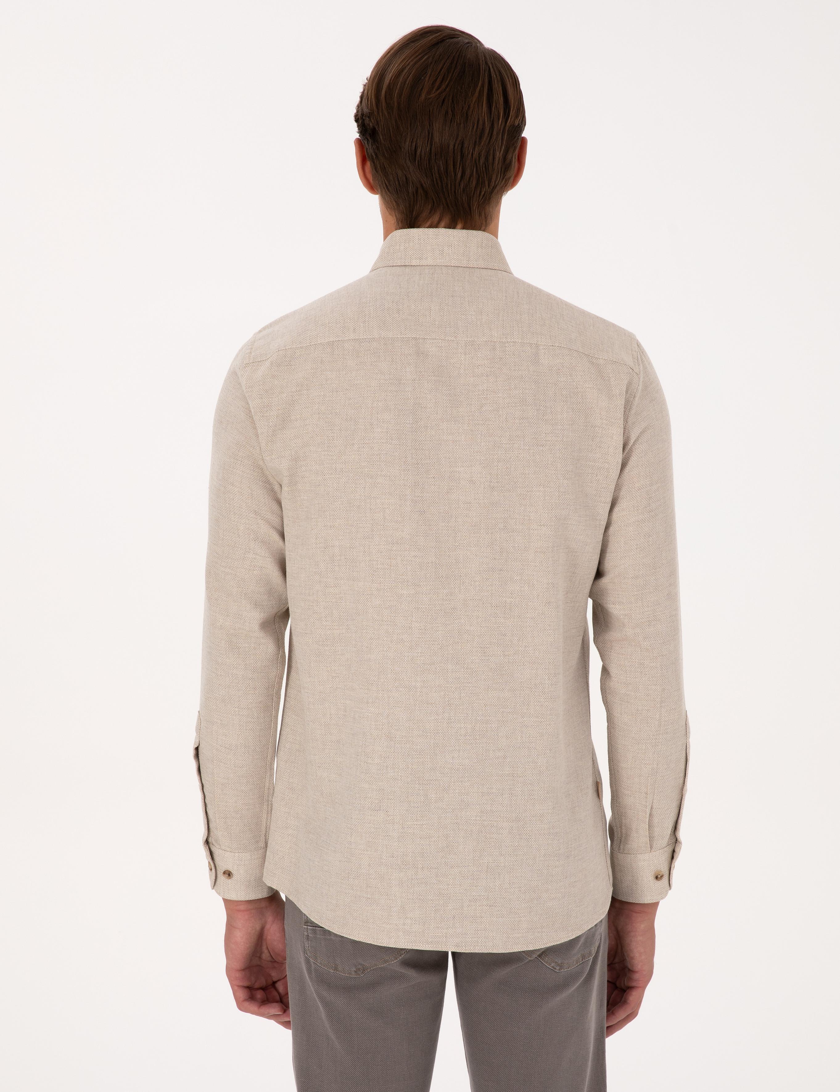 Bej Slim Fit Dokulu Uzun Kollu Gömlek