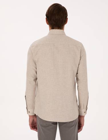 Bej Slim Fit Dokulu Uzun Kollu Gömlek