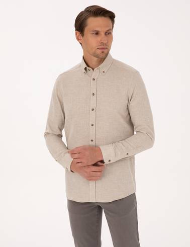 Bej Slim Fit Dokulu Uzun Kollu Gömlek