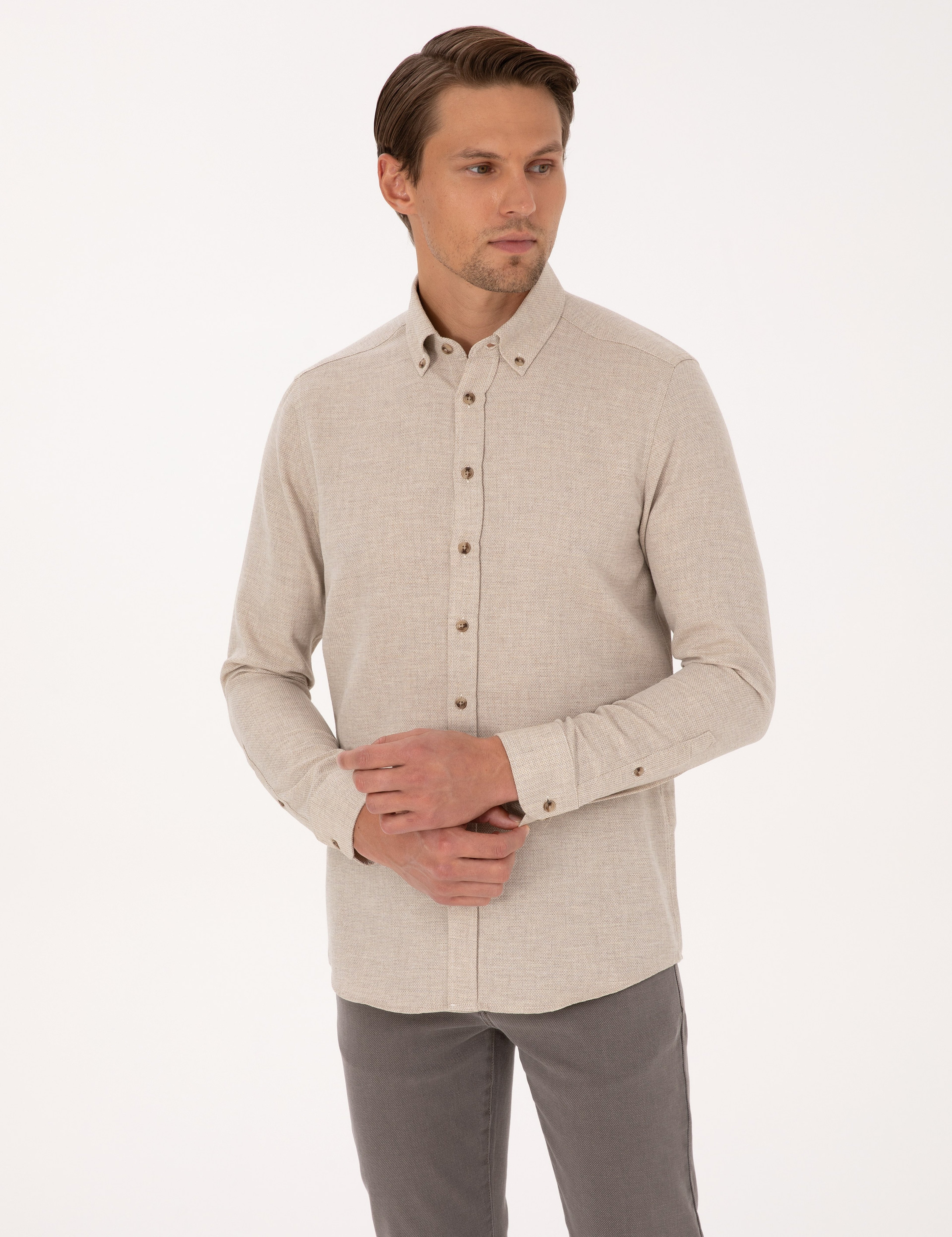 Bej Slim Fit Dokulu Uzun Kollu Gömlek - Image 3