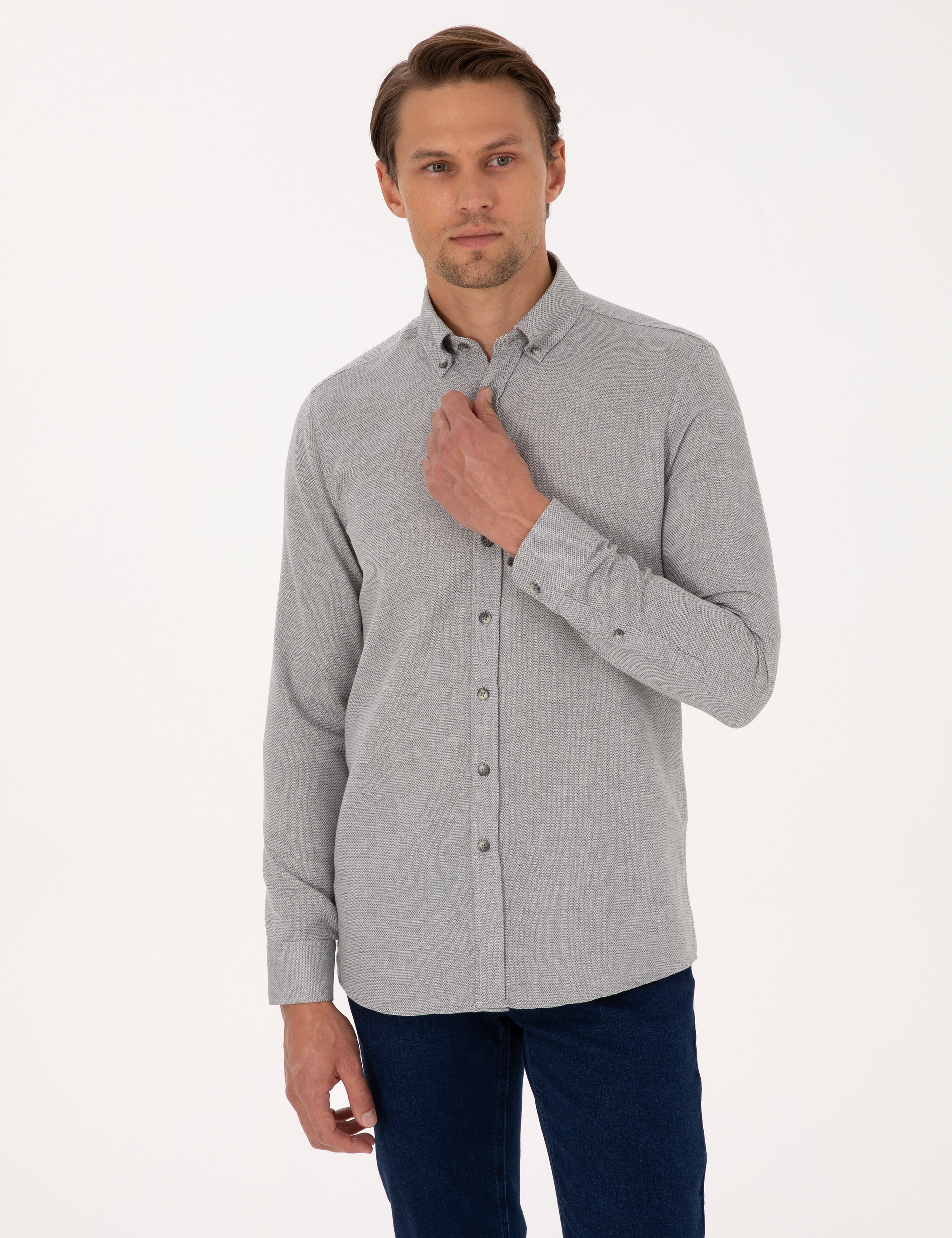 Gri Slim Fit Uzun Kollu Gömlek - Image 3