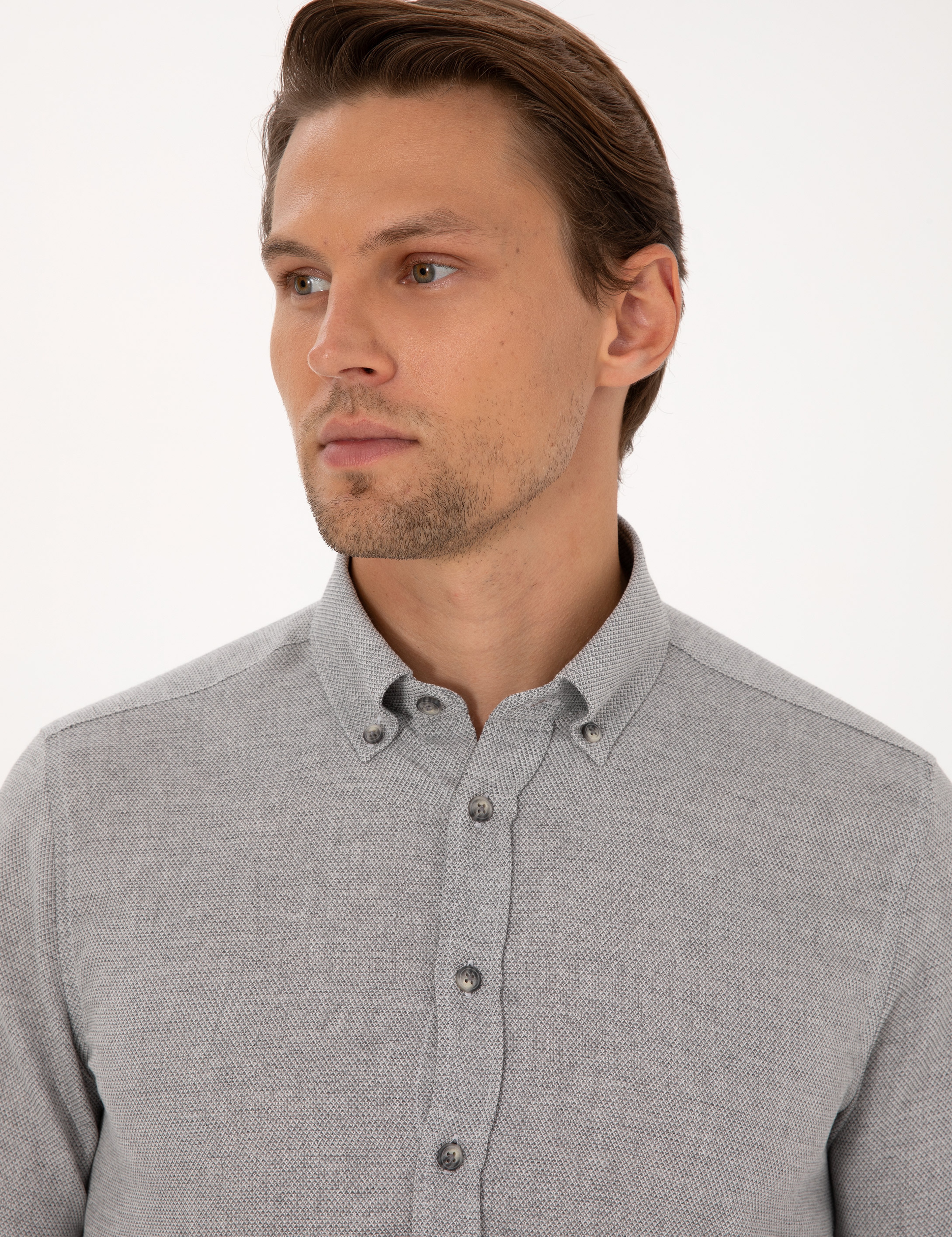 Gri Slim Fit Uzun Kollu Gömlek - Image 2
