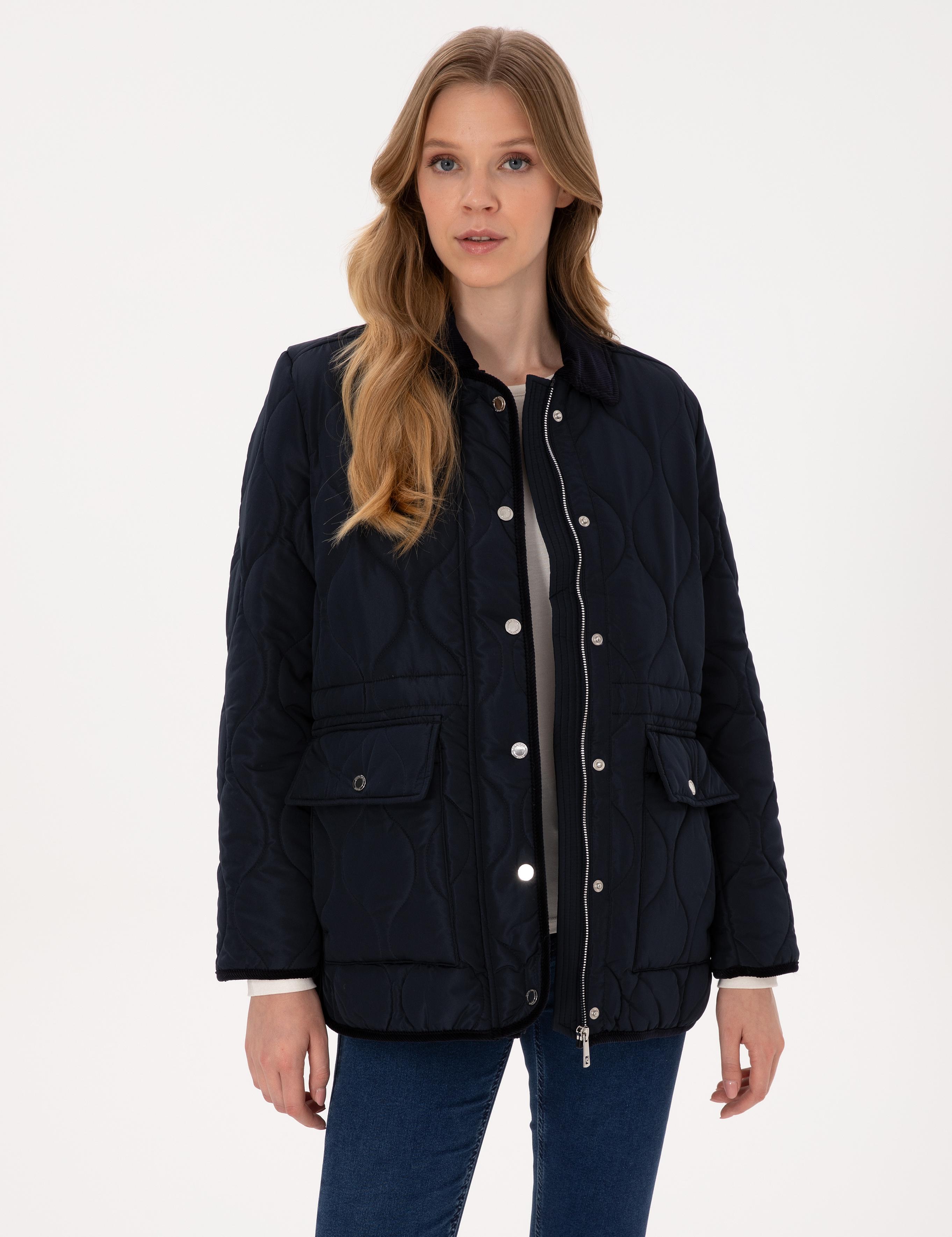 Lacivert Kadife Yakalı Kapitone Comfort Fit Mont