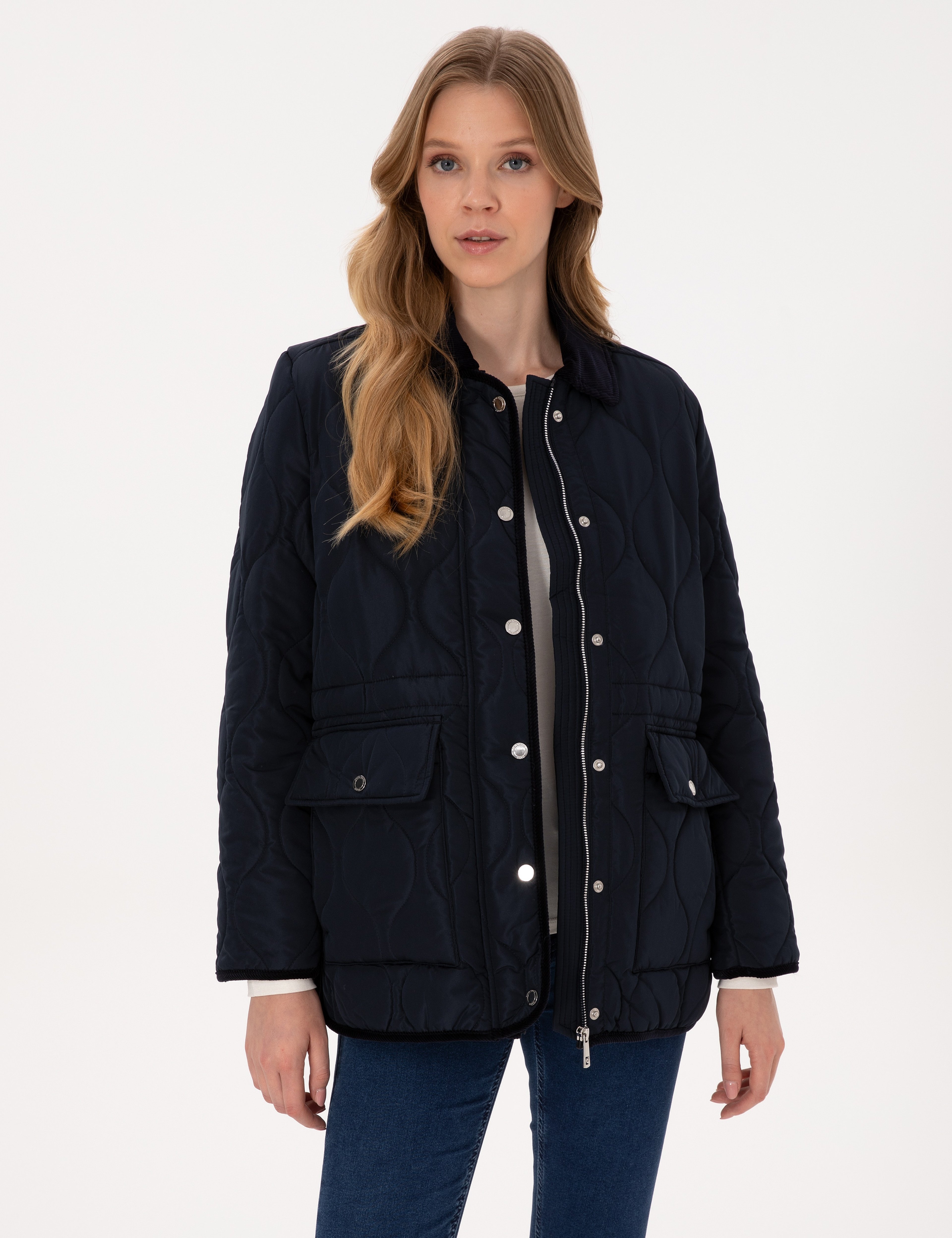 Lacivert Kadife Yakalı Kapitone Comfort Fit Mont