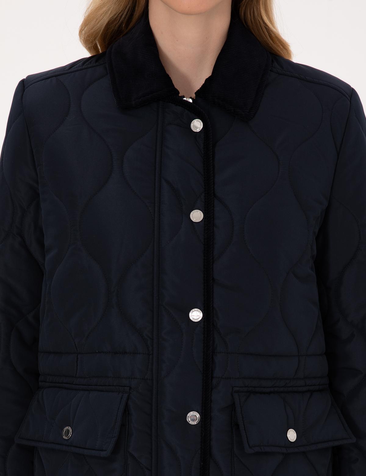 Lacivert Kadife Yakalı Kapitone Comfort Fit Mont - 50314035009