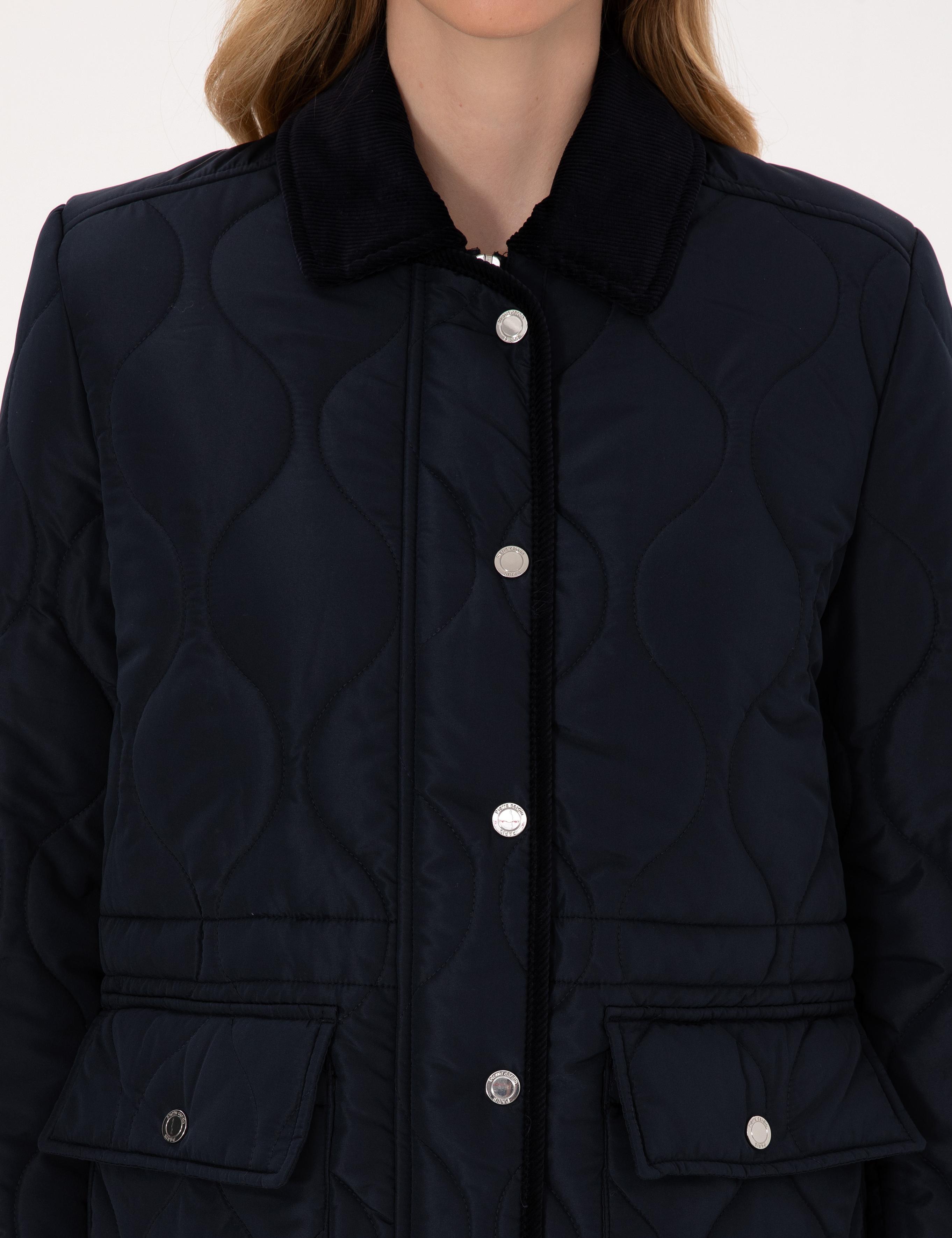 Lacivert Kadife Yakalı Kapitone Comfort Fit Mont