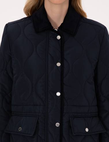 Lacivert Kadife Yakalı Kapitone Comfort Fit Mont