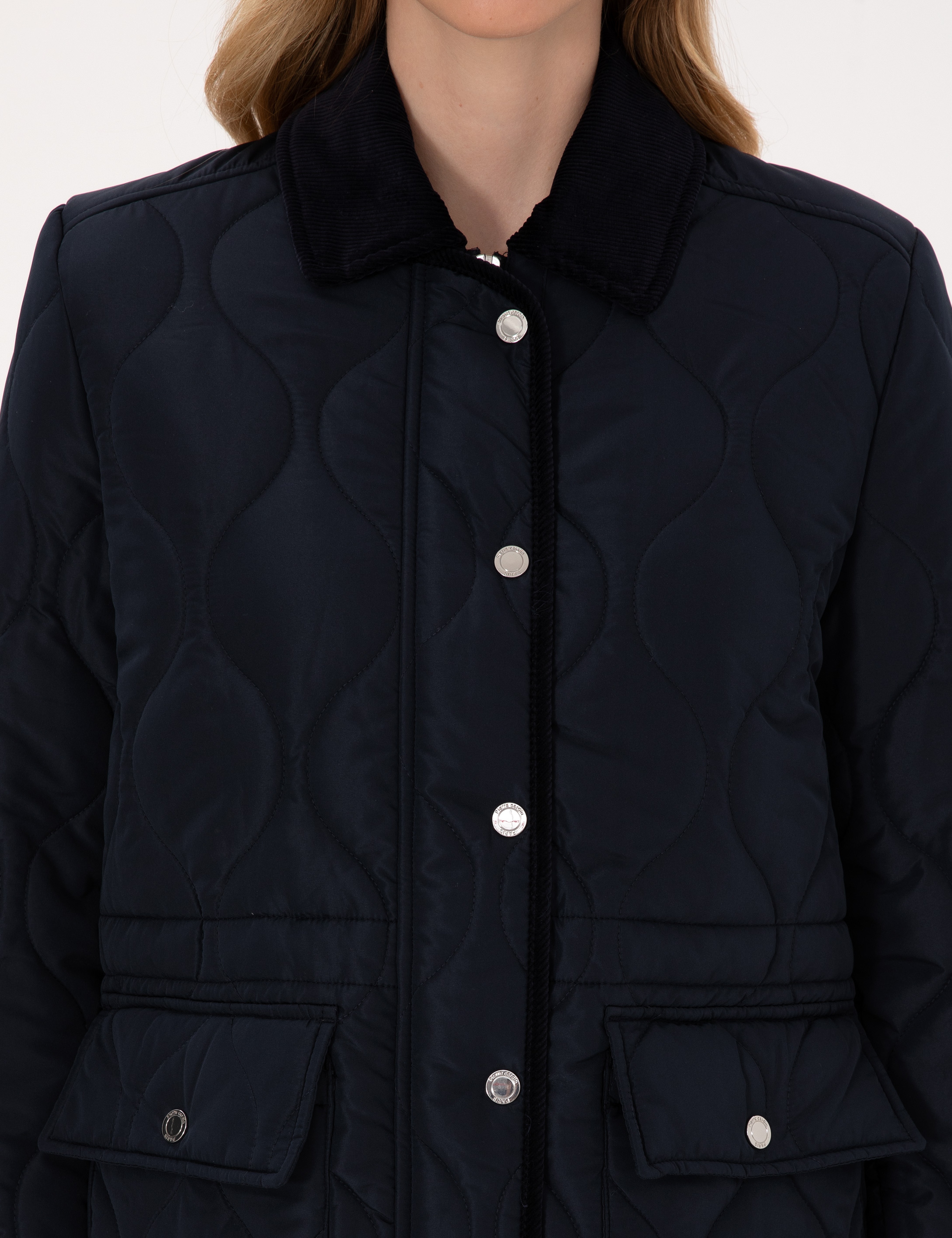 Lacivert Kadife Yakalı Kapitone Comfort Fit Mont - Image 7