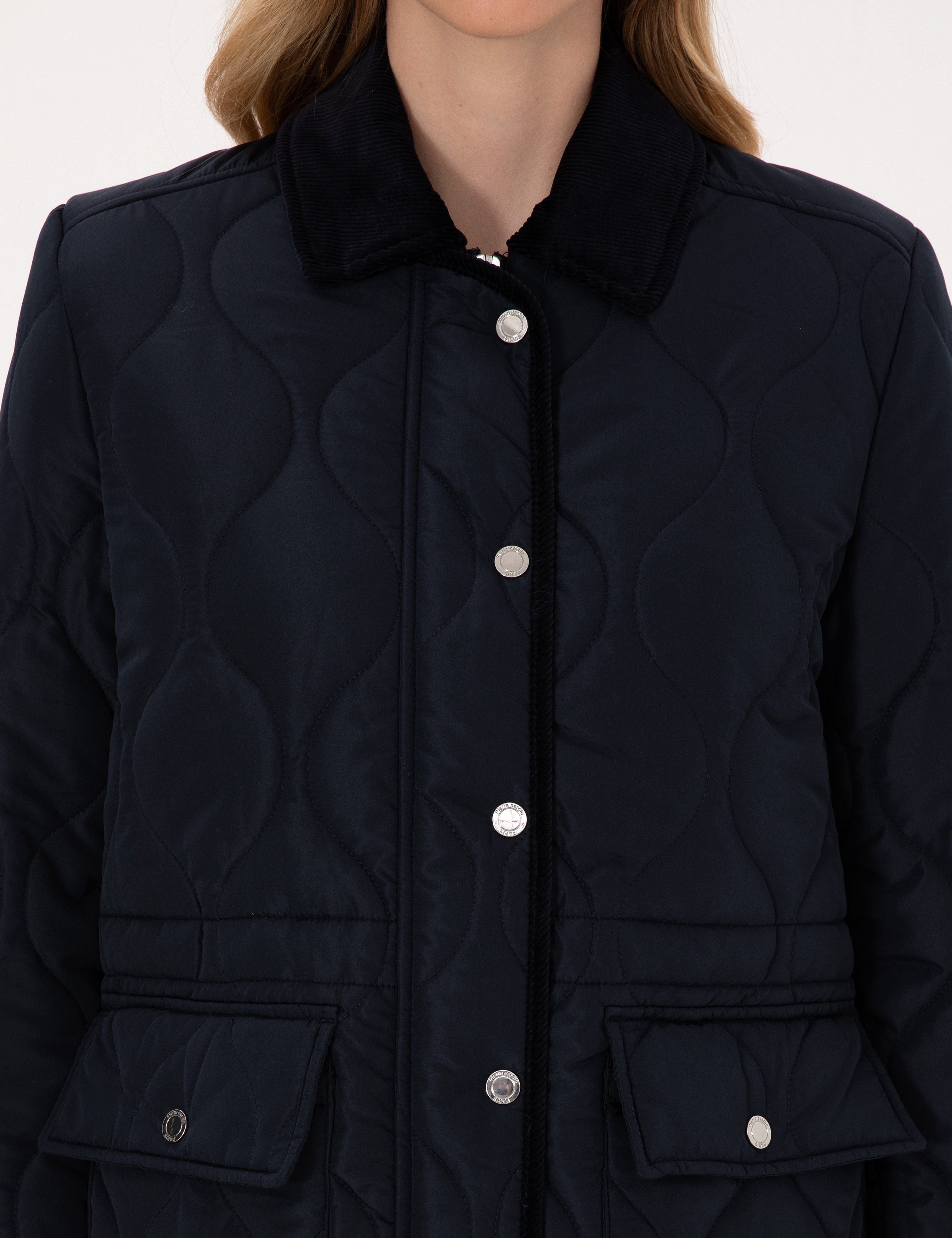 Lacivert Kadife Yakalı Kapitone Comfort Fit Mont
