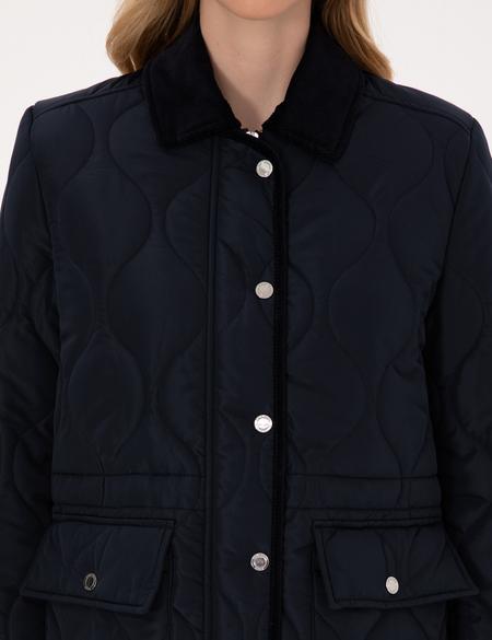 Lacivert Kadife Yakalı Kapitone Comfort Fit Mont - 50314035009