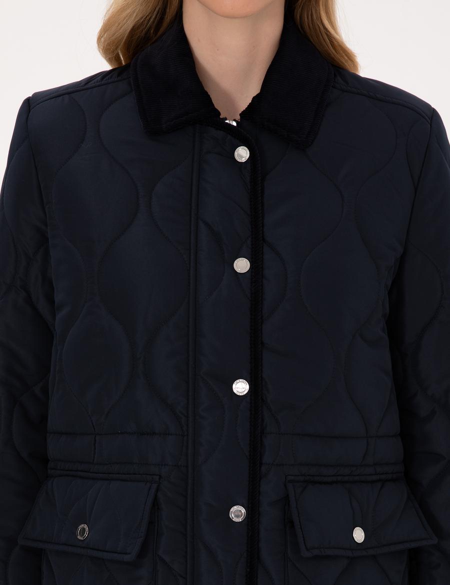 Lacivert Kadife Yakalı Kapitone Comfort Fit Mont