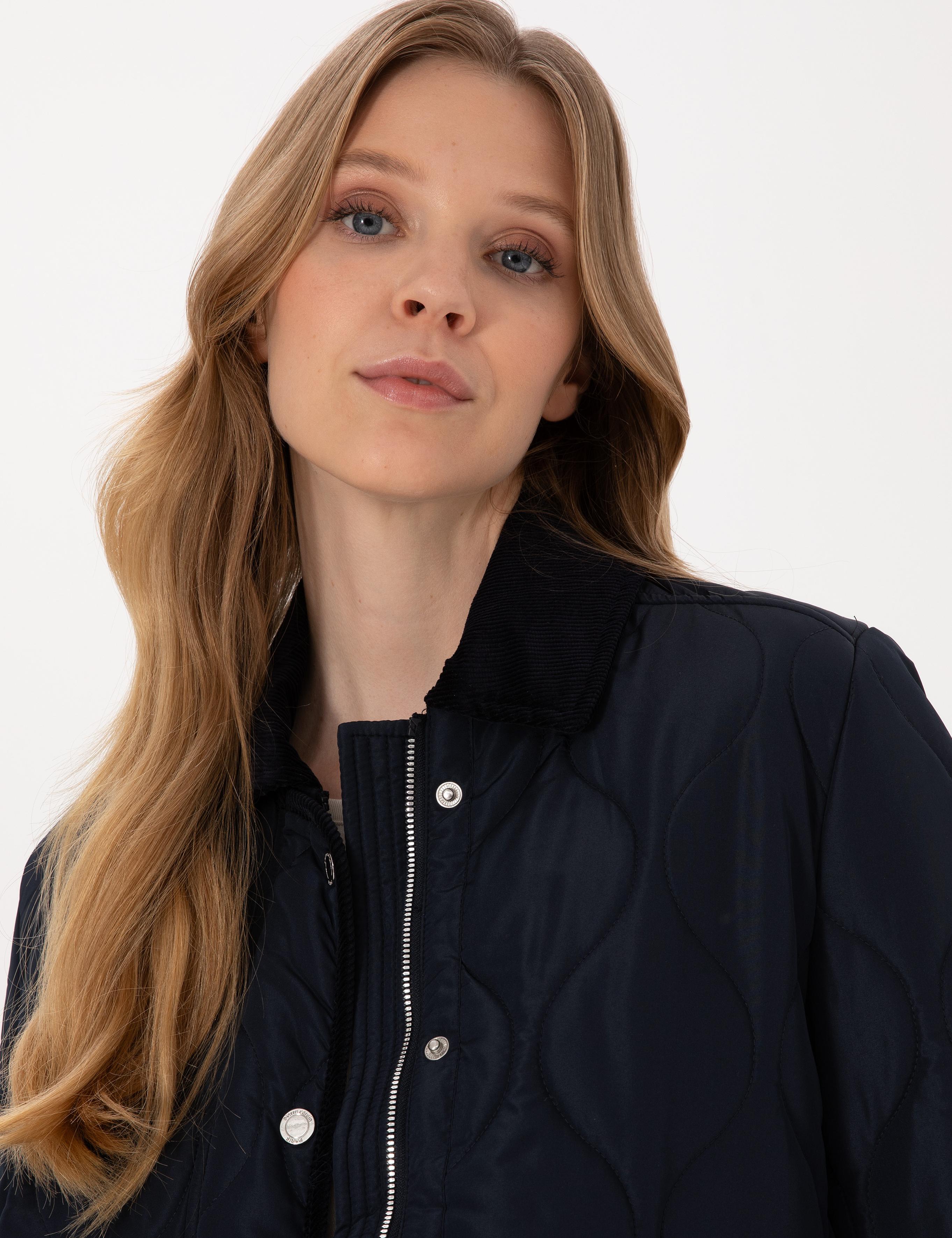 Lacivert Kadife Yakalı Kapitone Comfort Fit Mont