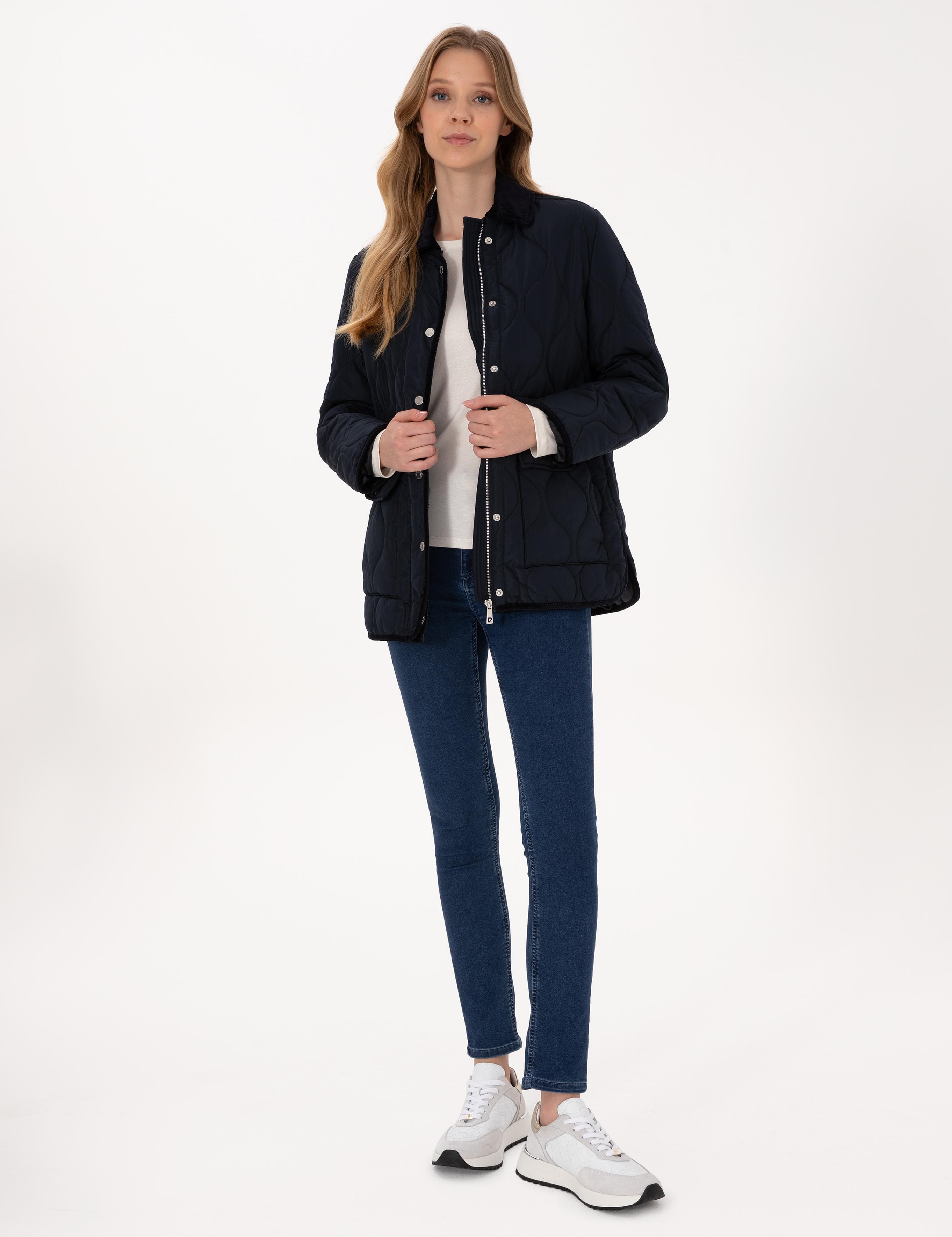 Lacivert Kadife Yakalı Kapitone Comfort Fit Mont