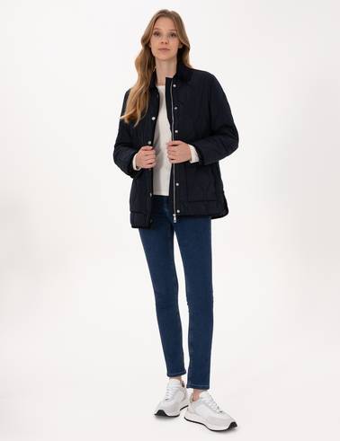 Lacivert Kadife Yakalı Kapitone Comfort Fit Mont