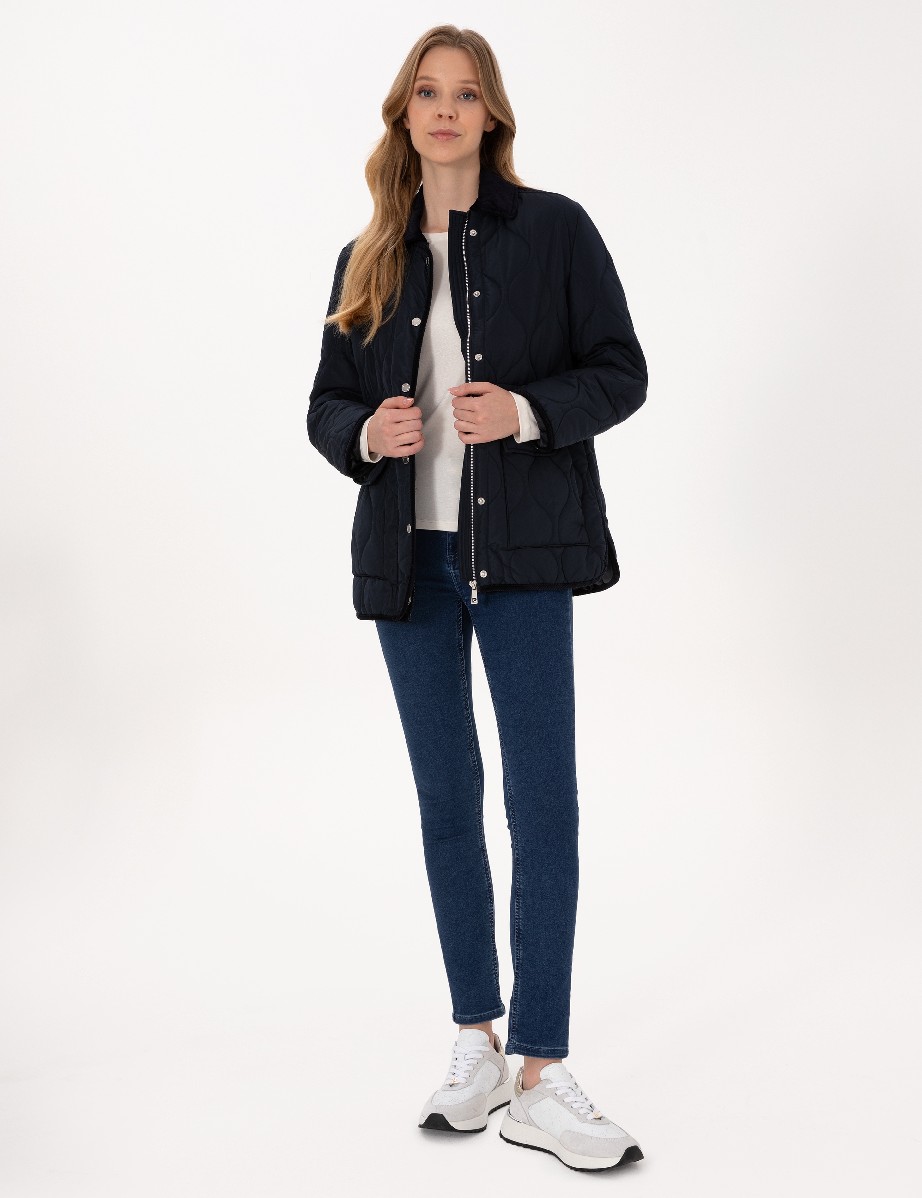 Lacivert Kadife Yakalı Kapitone Comfort Fit Mont - Image 4