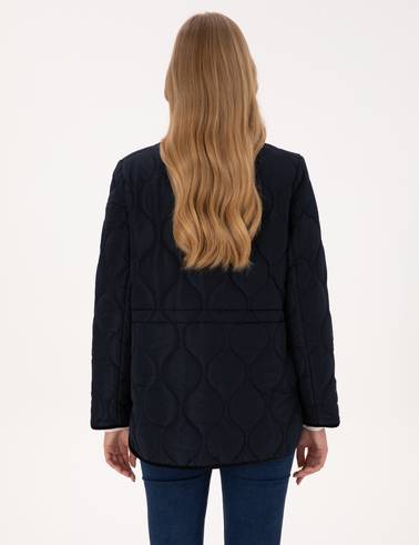 Lacivert Kadife Yakalı Kapitone Comfort Fit Mont