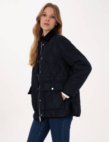 Lacivert Kadife Yakalı Kapitone Comfort Fit Mont