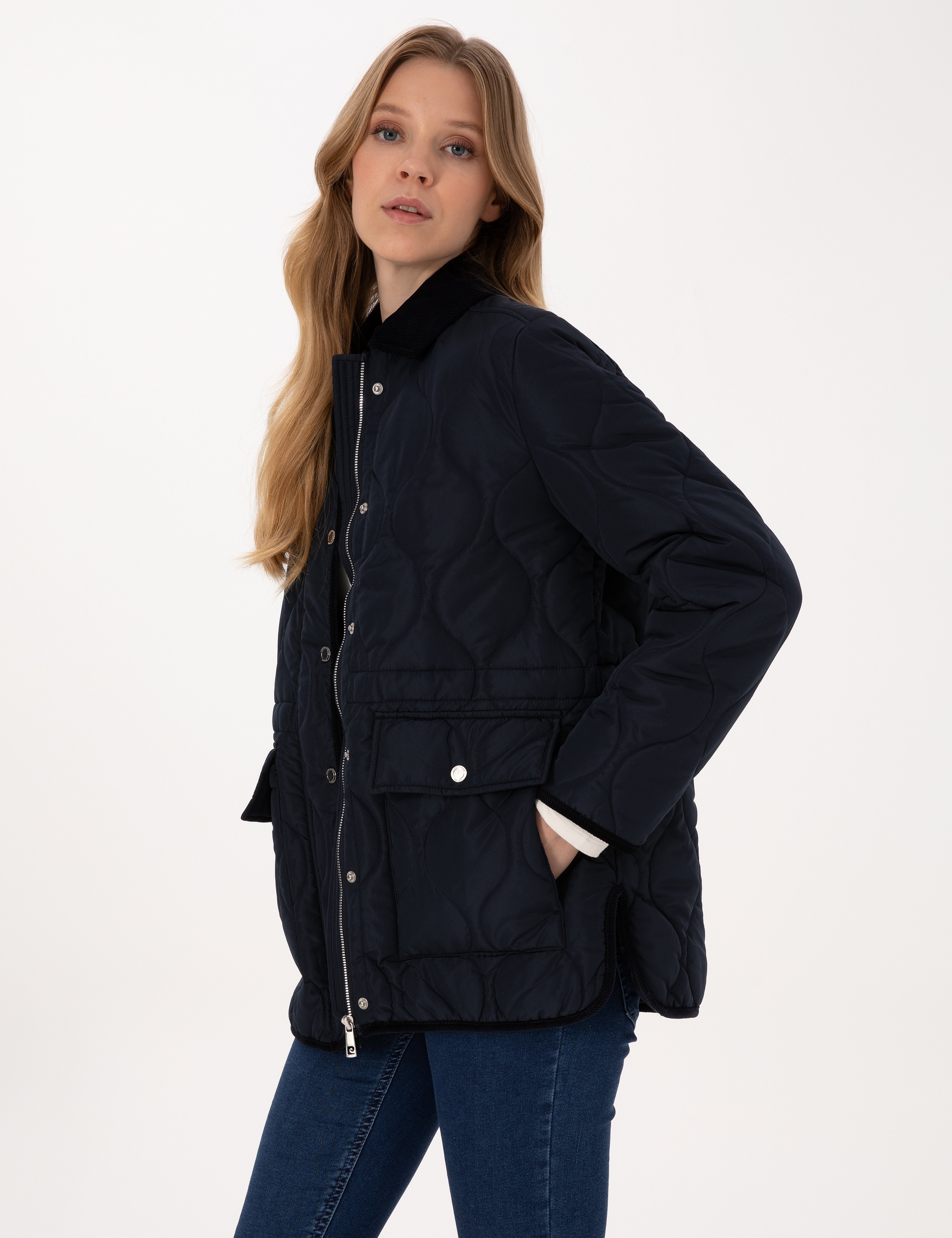 Lacivert Kadife Yakalı Kapitone Comfort Fit Mont