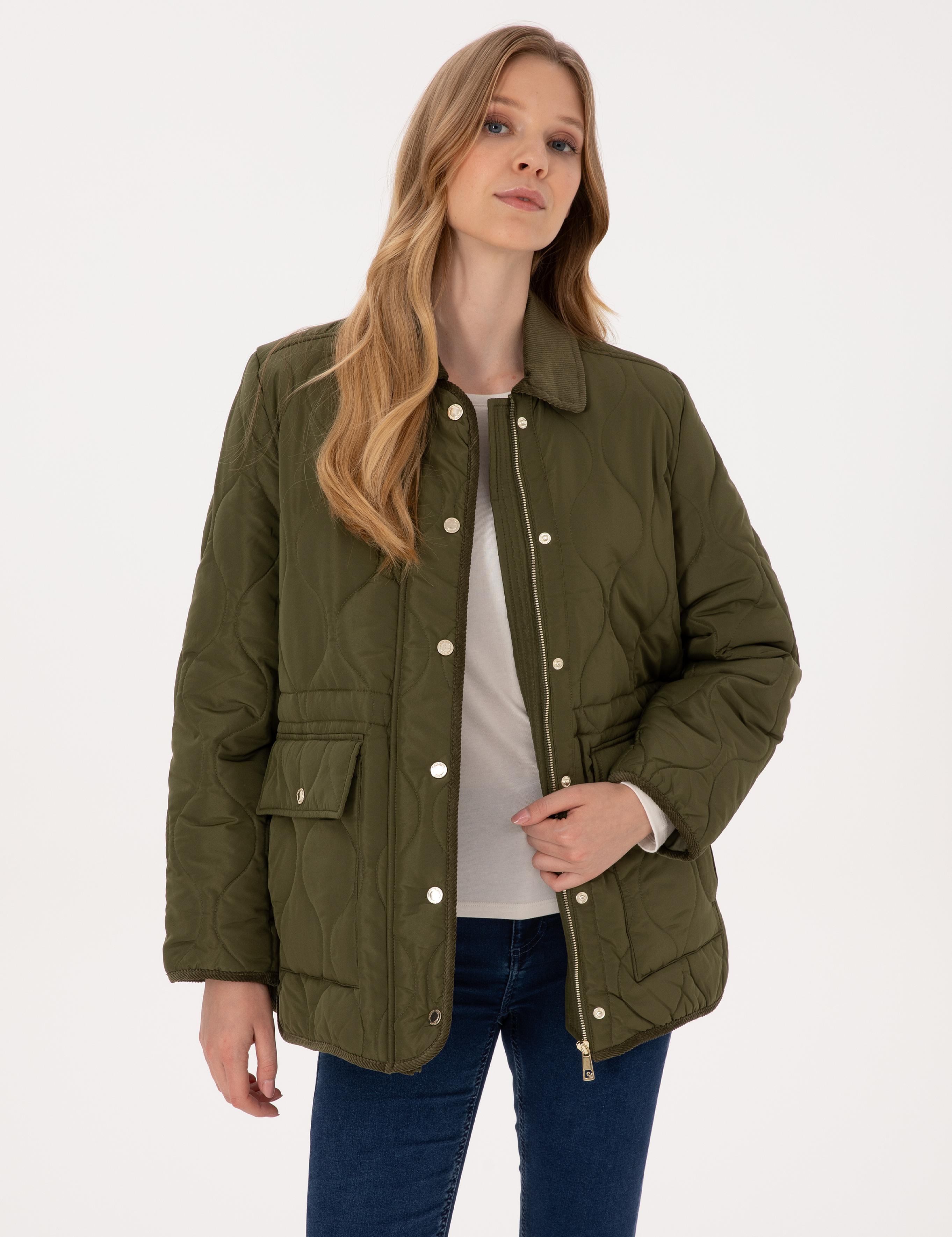 Haki Kadife Yakalı Kapitone Comfort Fit Mont