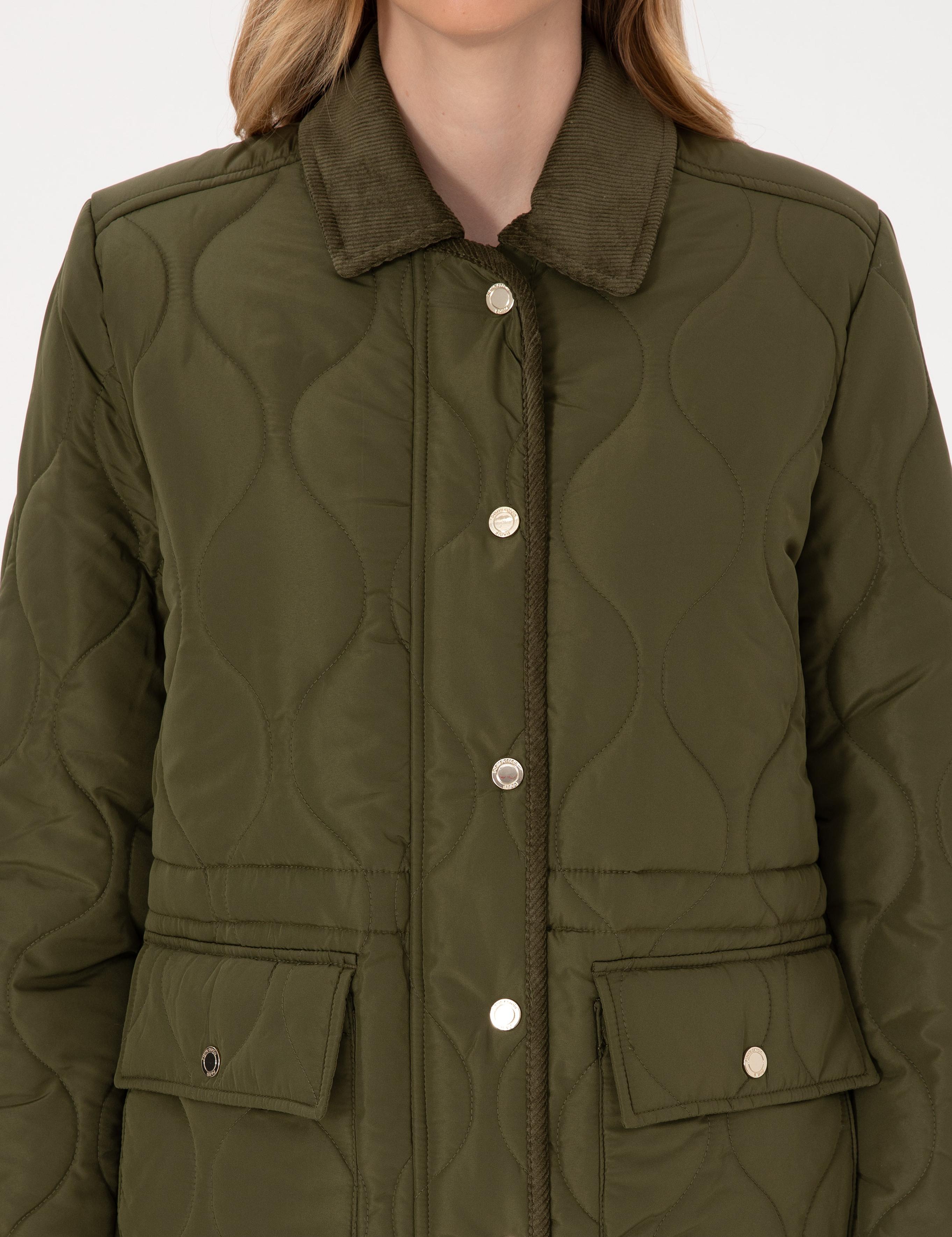 Haki Kadife Yakalı Kapitone Comfort Fit Mont