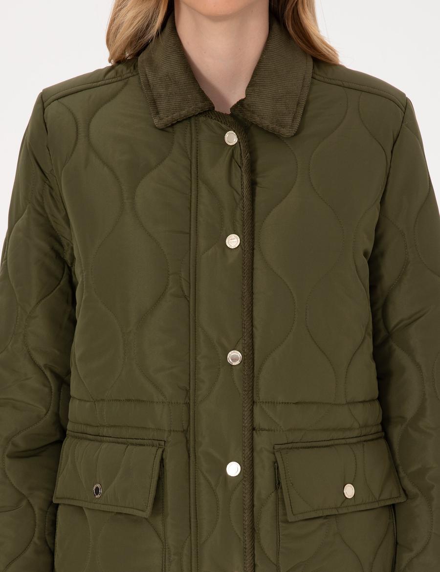 Haki Kadife Yakalı Kapitone Comfort Fit Mont