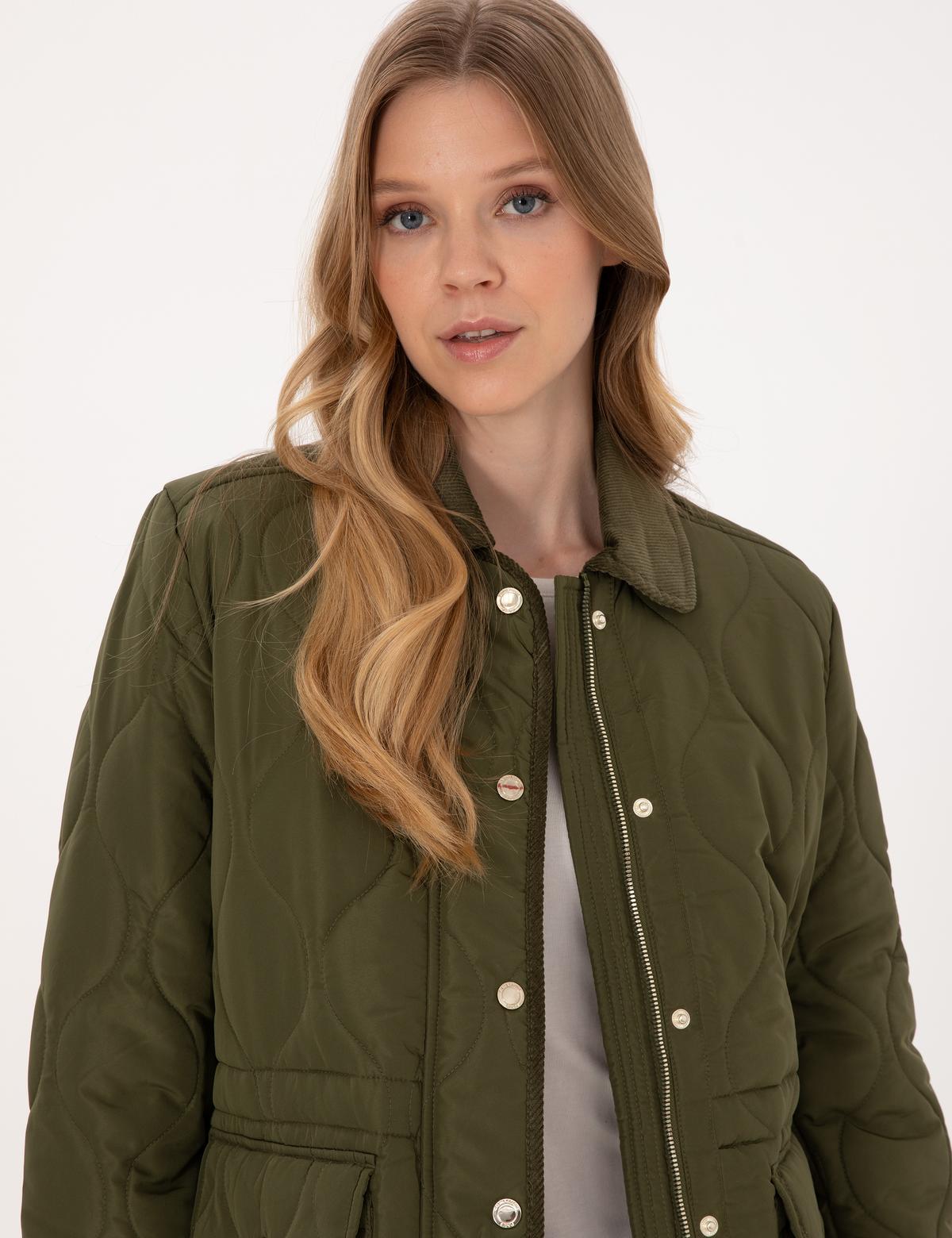 Haki Kadife Yakalı Kapitone Comfort Fit Mont - 50314035001