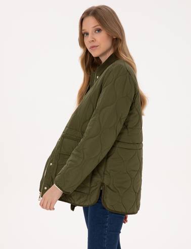 Haki Kadife Yakalı Kapitone Comfort Fit Mont