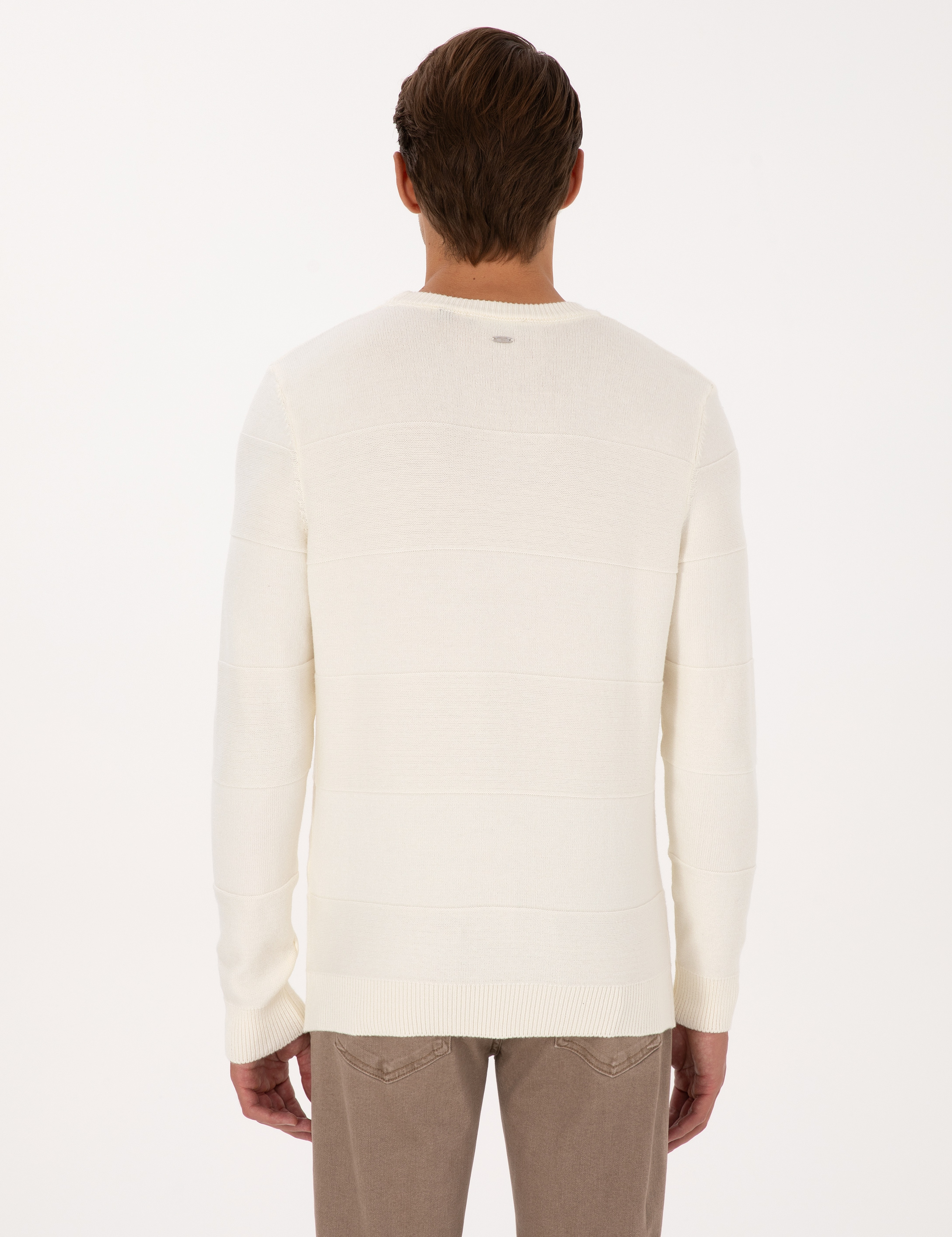 Ekru Slim Fit Bisiklet Yaka Triko Kazak - Image 5